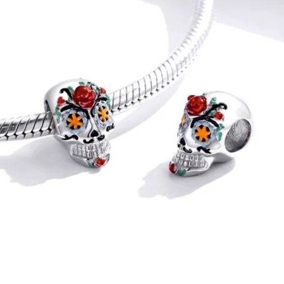 Silver Sugar Skull Dia de Los Muertos Charm 925 Silver - Picture 2 of 2